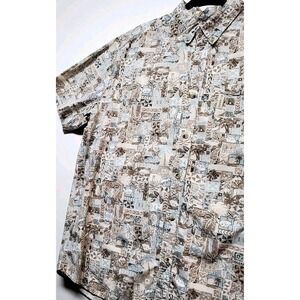 Columbia Mens XL Tropical Aloha Button Up Shirt Block Print Palm Fish Beige Blue